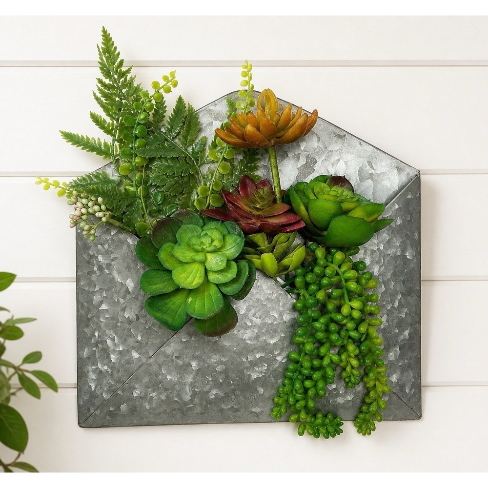 Galvanized Metal Wall Pocket Planter Envelope w/ Faux Succulents Home Decor - Picture 1 of 6